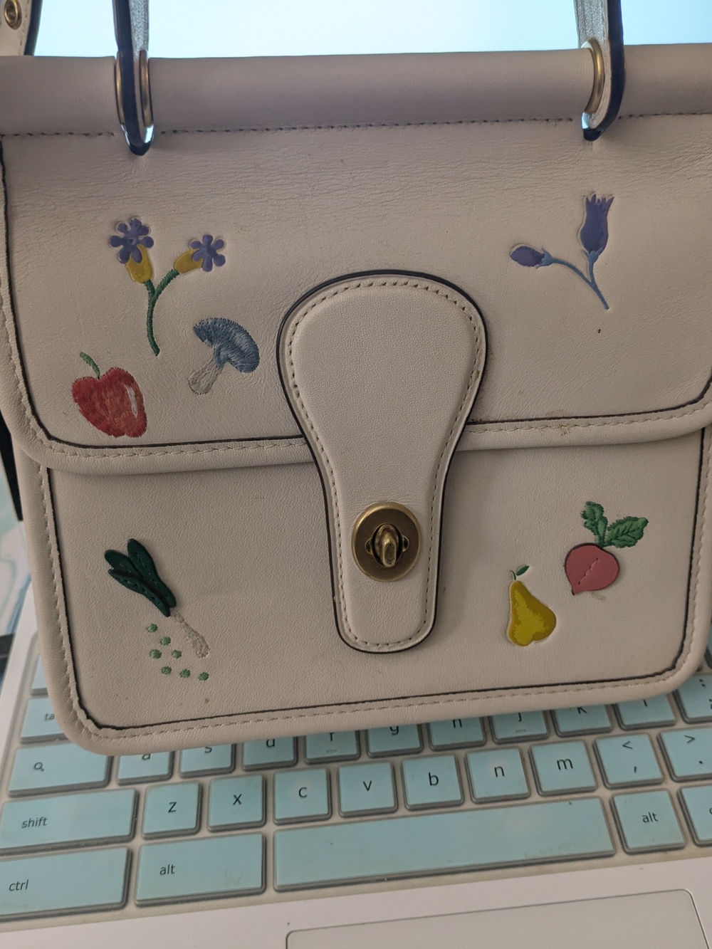 Coach White Leather Crossbody with Colorful Fruit & Floral Appliqués